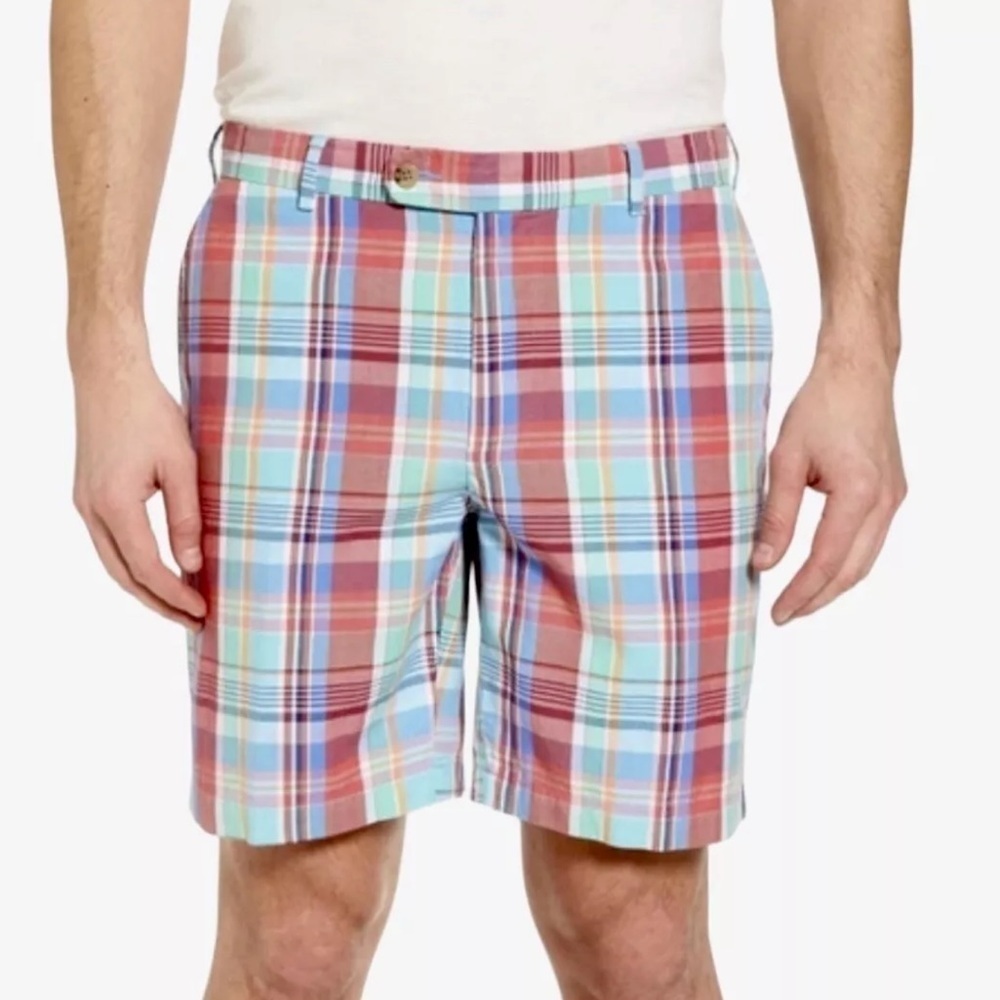Peter Millar Seaside Collection Plaid Shorts Mens Size 36 Pink Blue Linen Blend